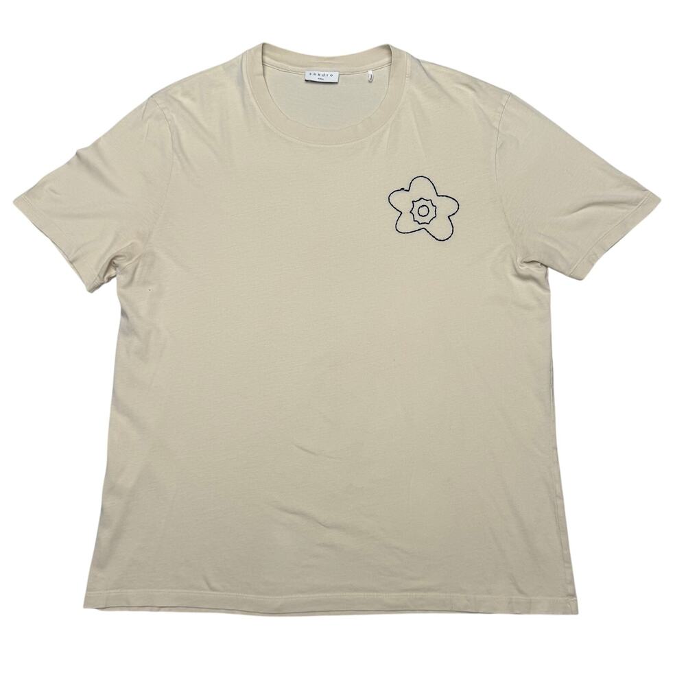 Sandro Men's Short Sleeve T-Shirt in Beige with Black Flower Outline